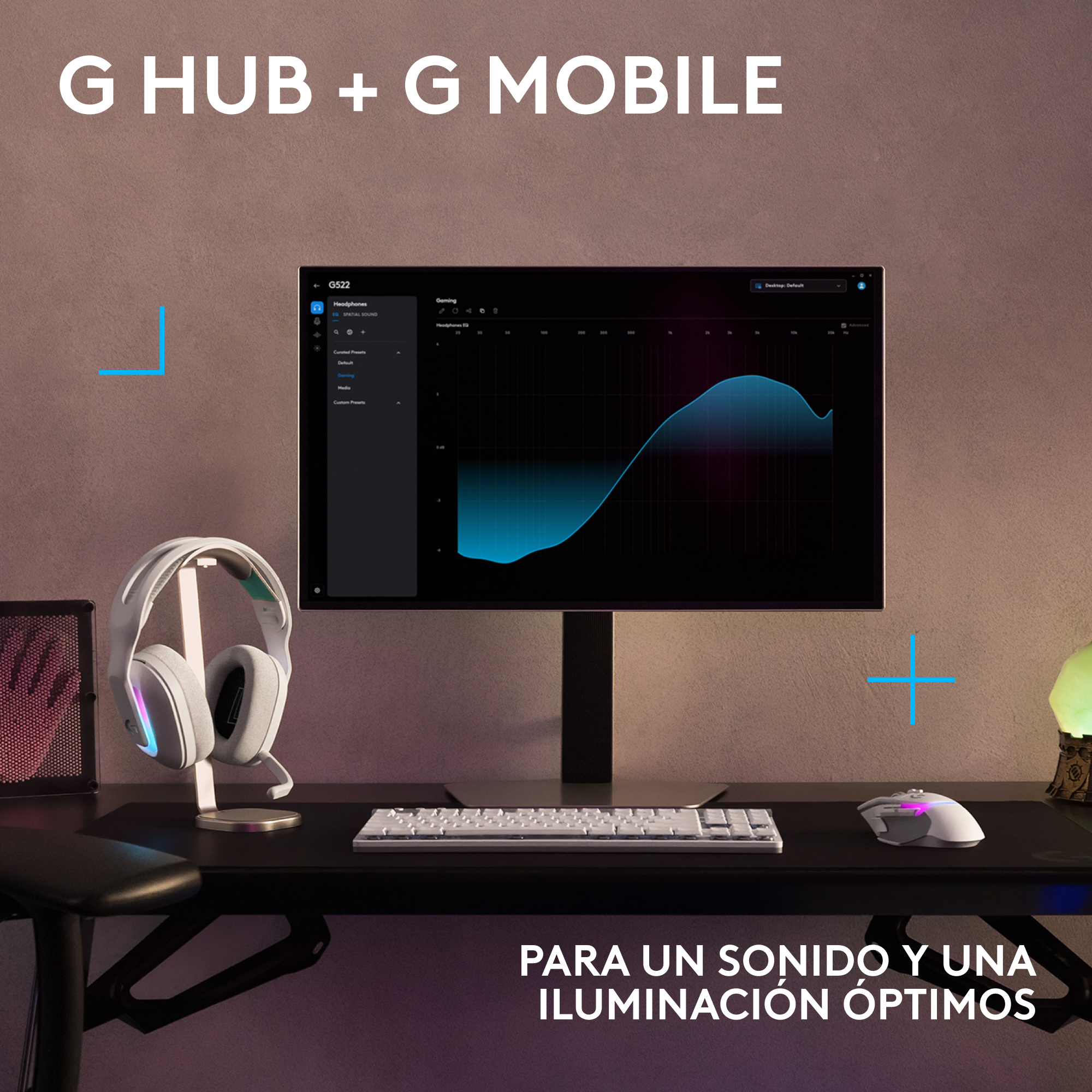 Auriculares en un soporte, con un monitor que muestra un gráfico de sonido.