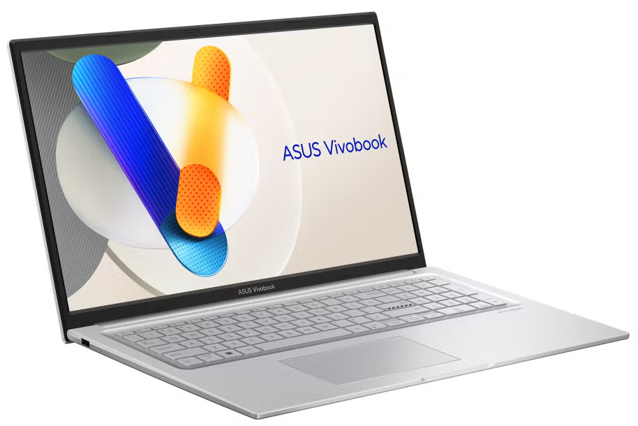 Ezüst laptop, nyitva, kék, narancs és fehér absztrakt dizájnt mutatva a képernyőn.
