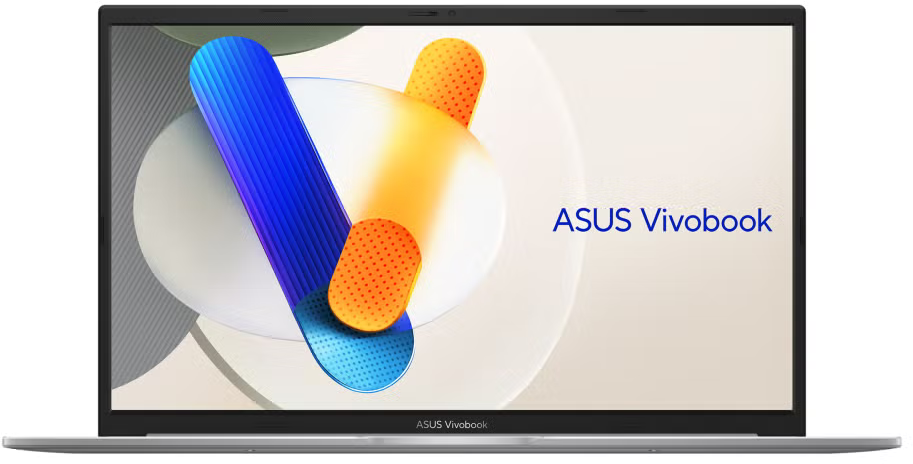 Egy ezüst ASUS Vivobook laptop, nyitva, absztrakt dizájnnal a képernyőn.
