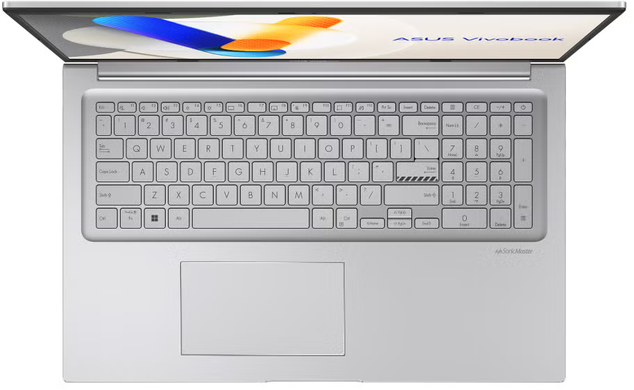 Ezüst laptop, nyitva, a billentyűzet látható. Felülnézet. A képernyő absztrakt dizájnt mutat.