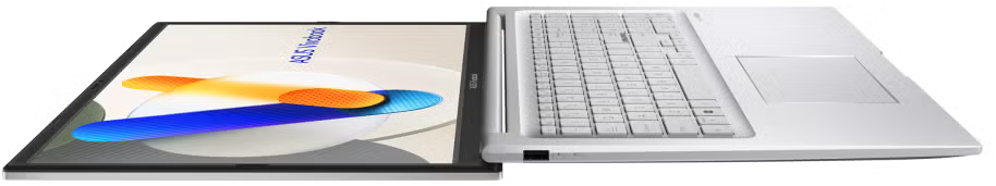 Laptop nyitva, a képernyőt és a billentyűzetet mutatva. Absztrakt dizájn a képernyőn. Fehér.