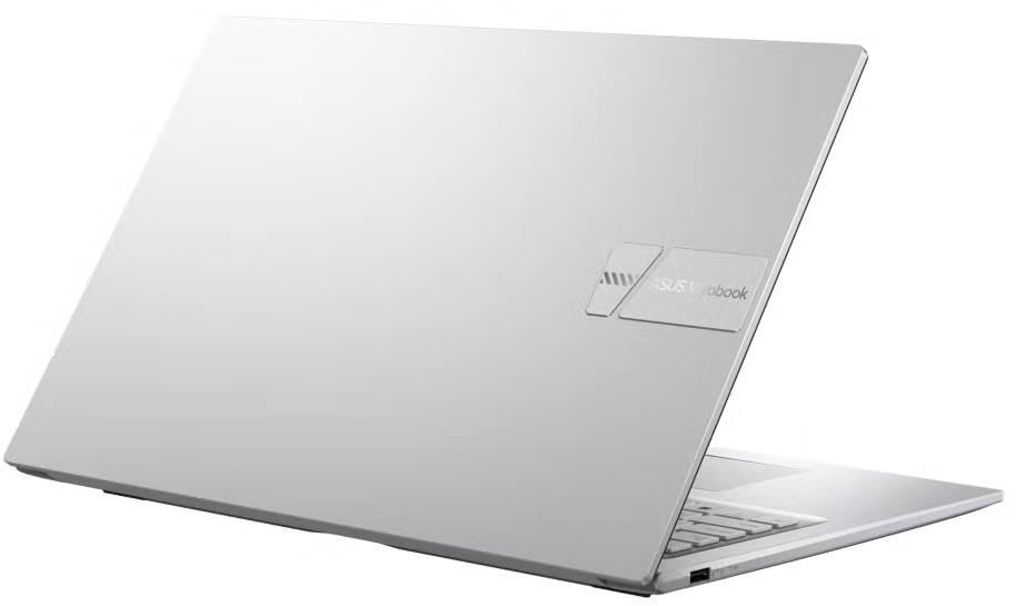 Ezüst laptop hátulja, ASUS Vivobook logóval. Szögletes nézet.