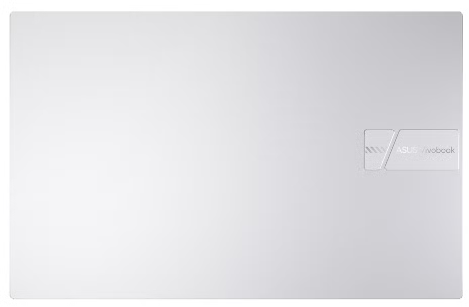 Ezüst laptop hátulja, ASUS Vivobook logóval. Lapos, felülnézet.