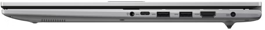 Ezüst laptop oldalsó nézete, több porttal, beleértve az USB-t, HDMI-t és audiót.