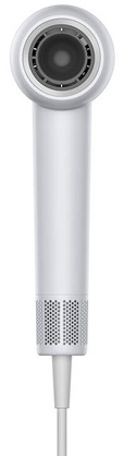 Obraz przedstawia przód białej suszarki do włosów z okrągłym wlotem powietrza i długim białym kablem.