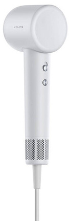 Obraz przedstawia białą suszarkę do włosów z dwoma przyciskami. Suszarka ma zaokrągloną głowicę i wentylowaną dyszę, z białym kablem.