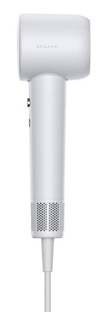 Obraz przedstawia białą suszarkę do włosów z dwoma przyciskami. Suszarka ma zaokrągloną głowicę i wentylowaną dyszę, z białym kablem.
