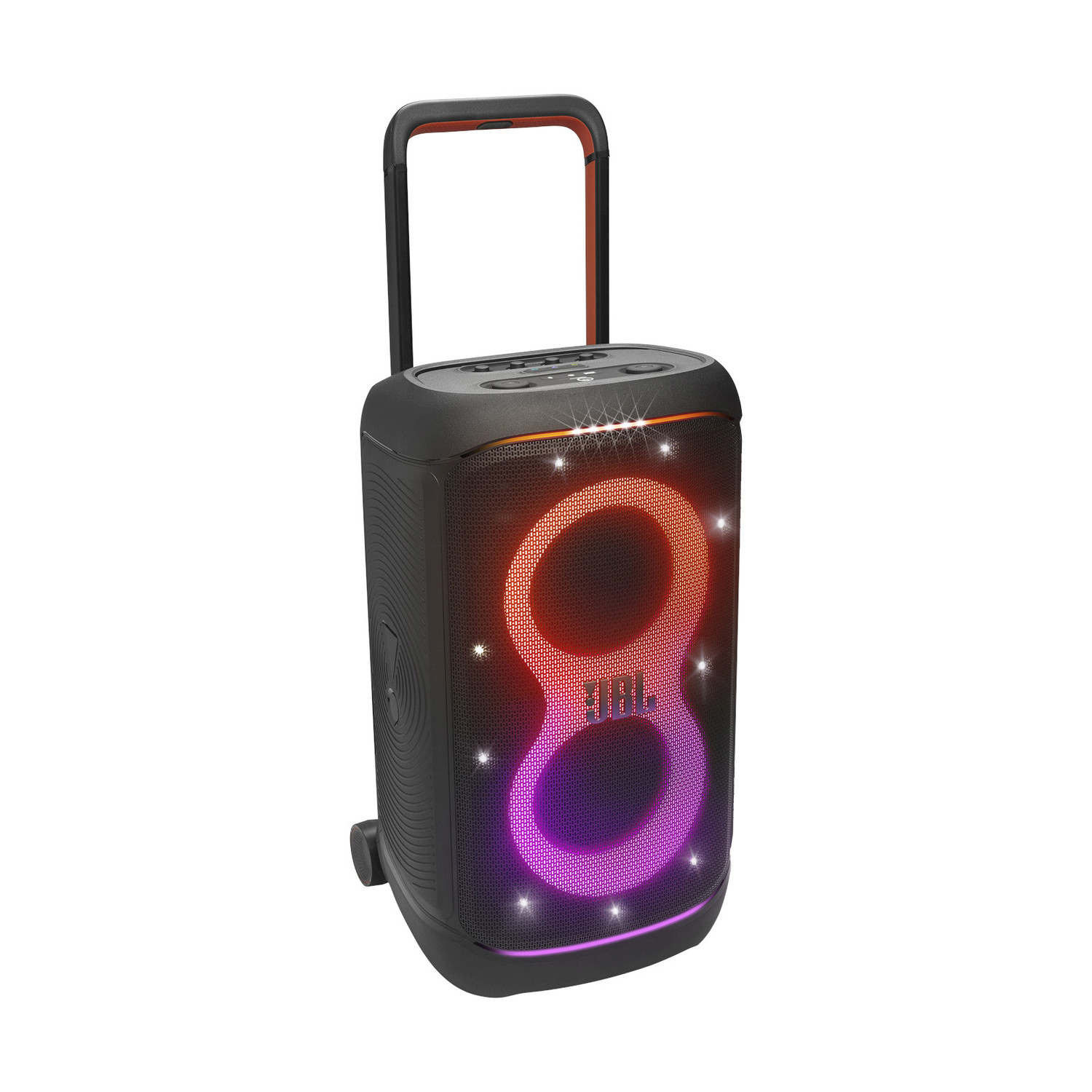 Altoparlante JBL PartyBox nero con 8 illuminato arancione e viola. Ha maniglia e ruote.