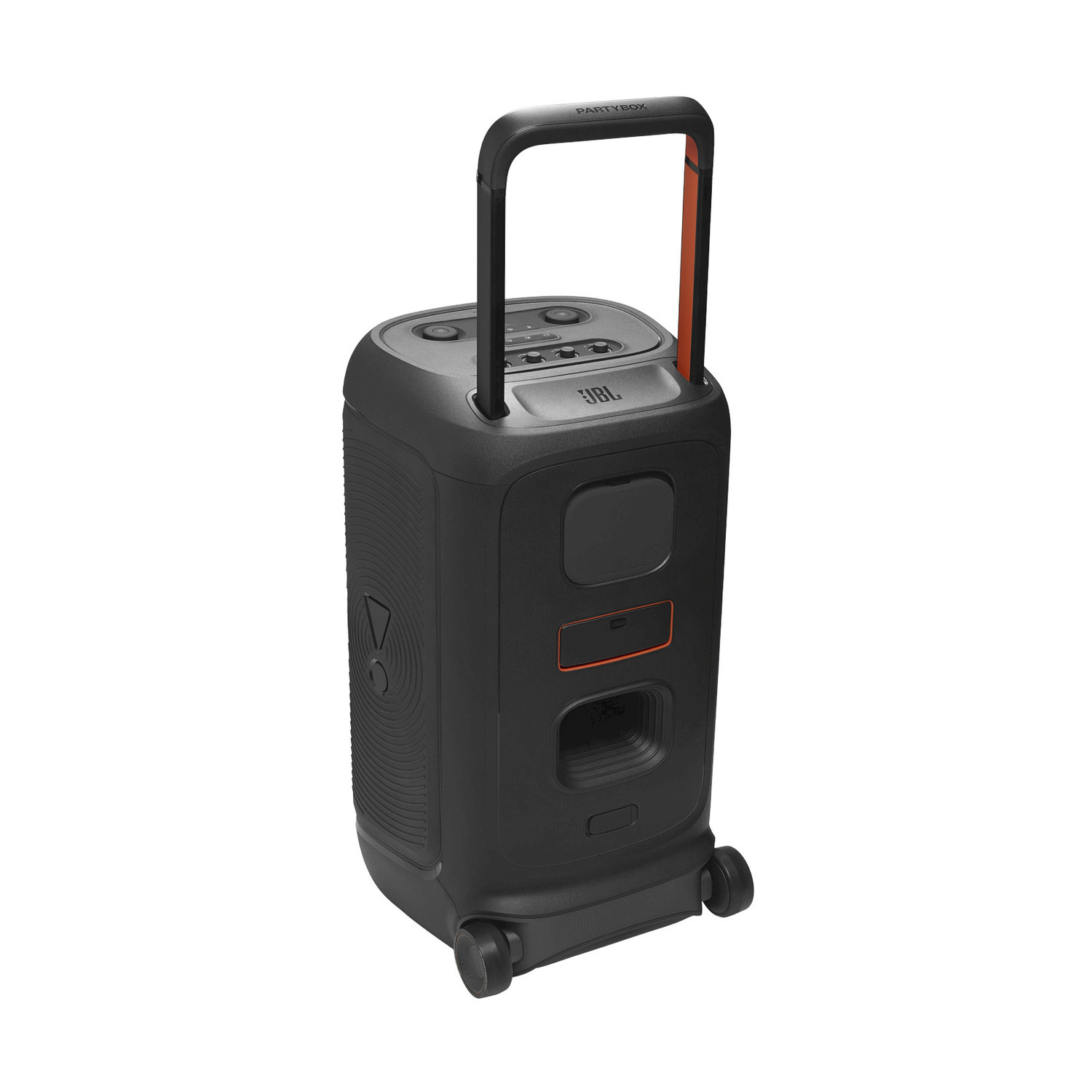 Altoparlante JBL PartyBox nero, rettangolare con maniglia e ruote. Ha il logo JBL.