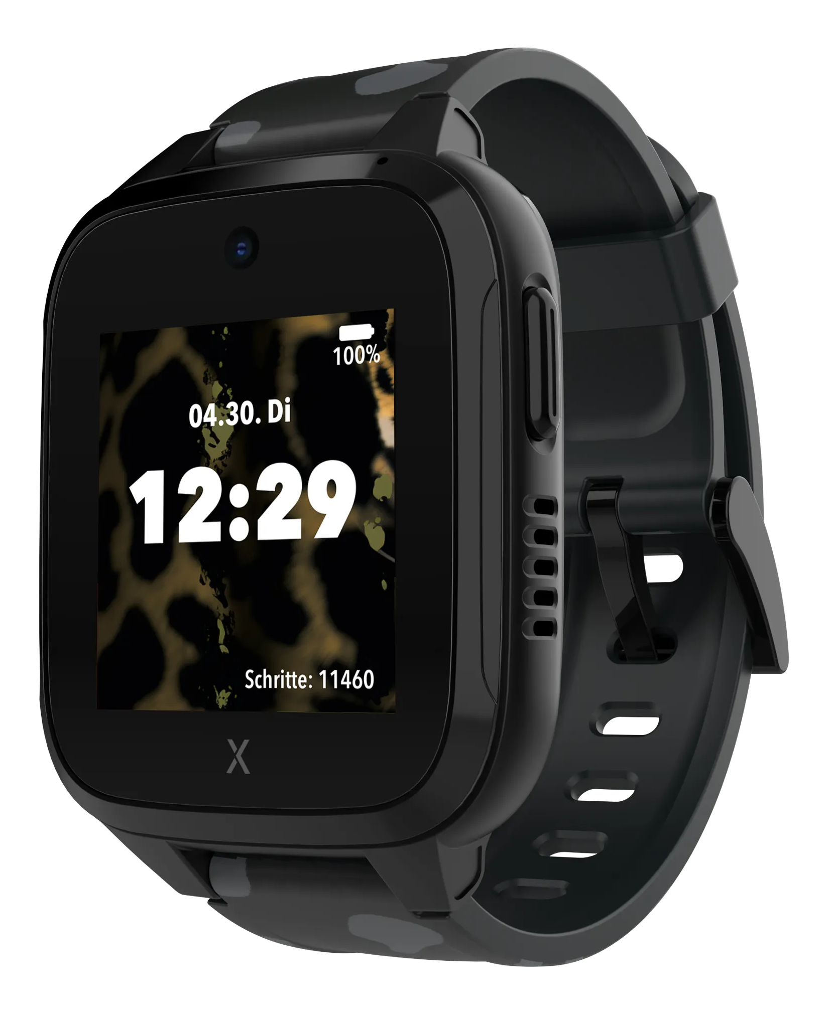 Schwarze Smartwatch mit schwarzem Armband und Display, das Zeit und Schritte anzeigt, mit Gepardenhintergrund.