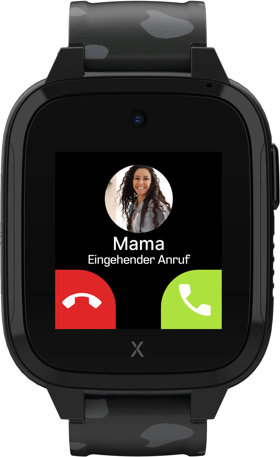 Schwarze Smartwatch zeigt einen eingehenden Anruf von 'Mama'. Rote und grüne Telefonsymbole sind sichtbar.