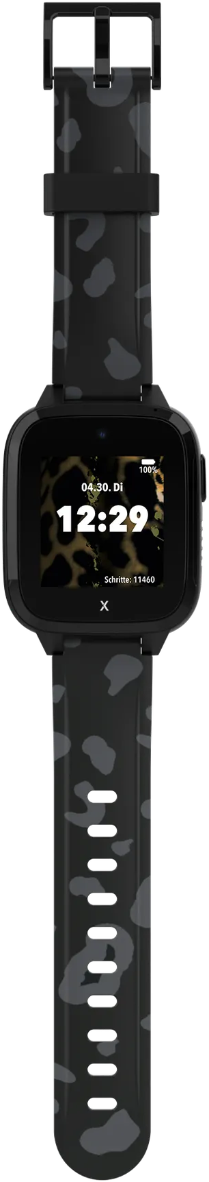 Schwarz-graue Smartwatch mit Leopardenmuster-Armband, zeigt Zeit und Schritte an.