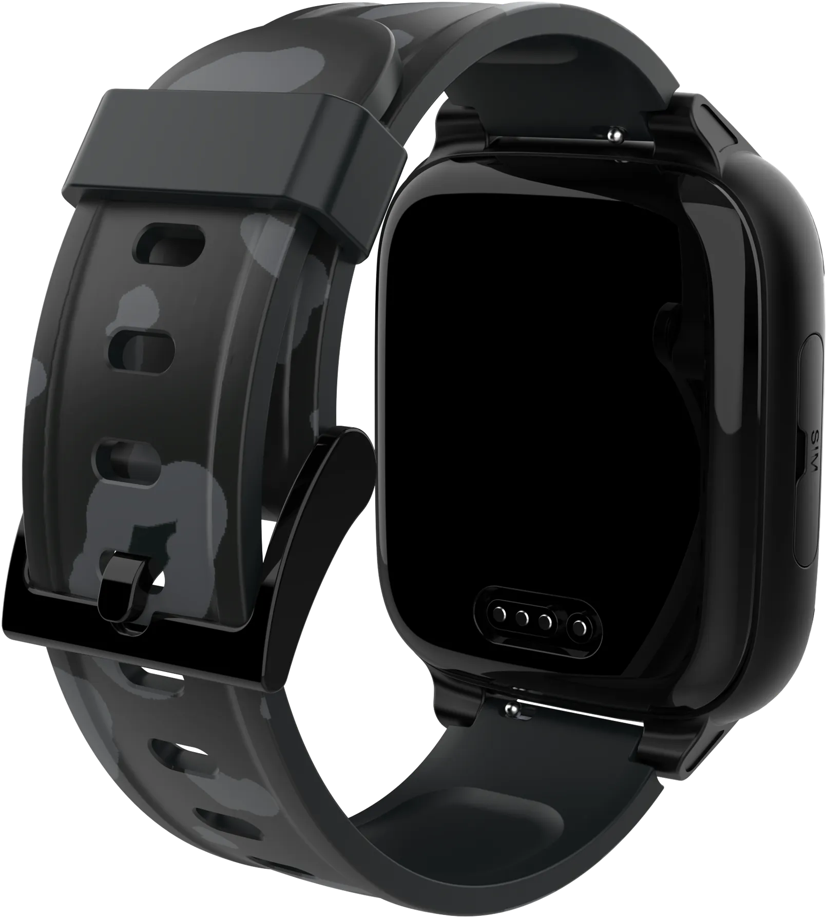 Eine schwarze Smartwatch mit einem Camouflage-Armband.