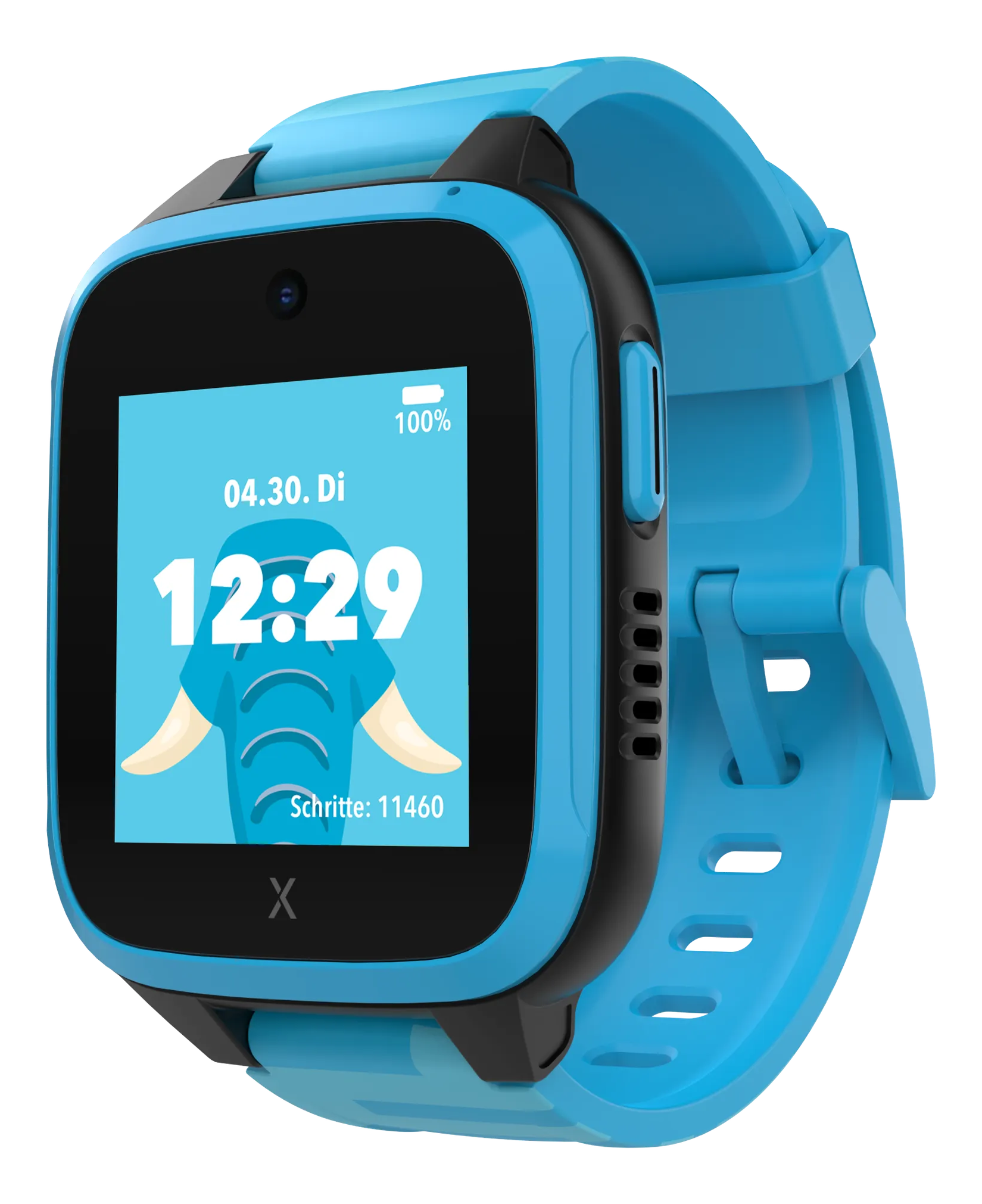 Smartwatch bleue affichant l'heure et un graphique d'éléphant.