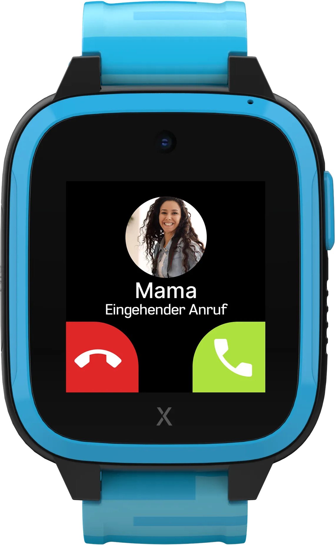 Une smartwatch bleue montrant un appel entrant de 'Maman'.