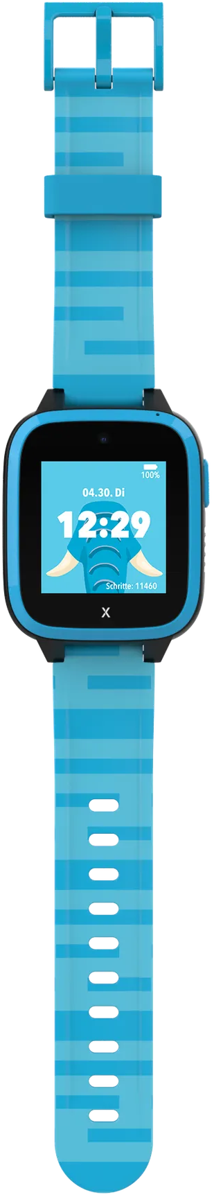 Smartwatch bleue avec bracelet rayé, affichant l'heure et un éléphant.