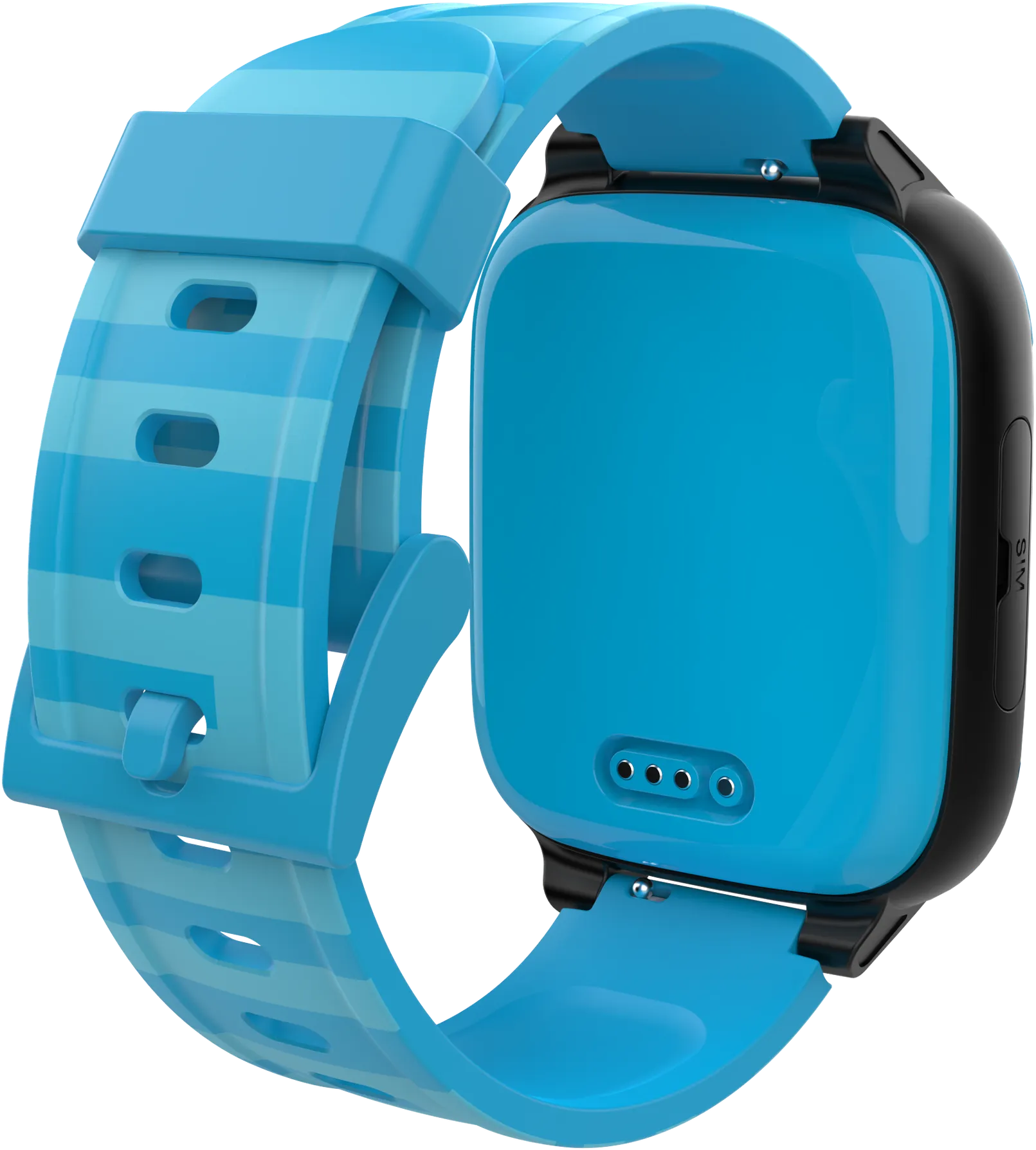 Dos de la smartwatch bleue avec bracelet bleu rayé attaché.