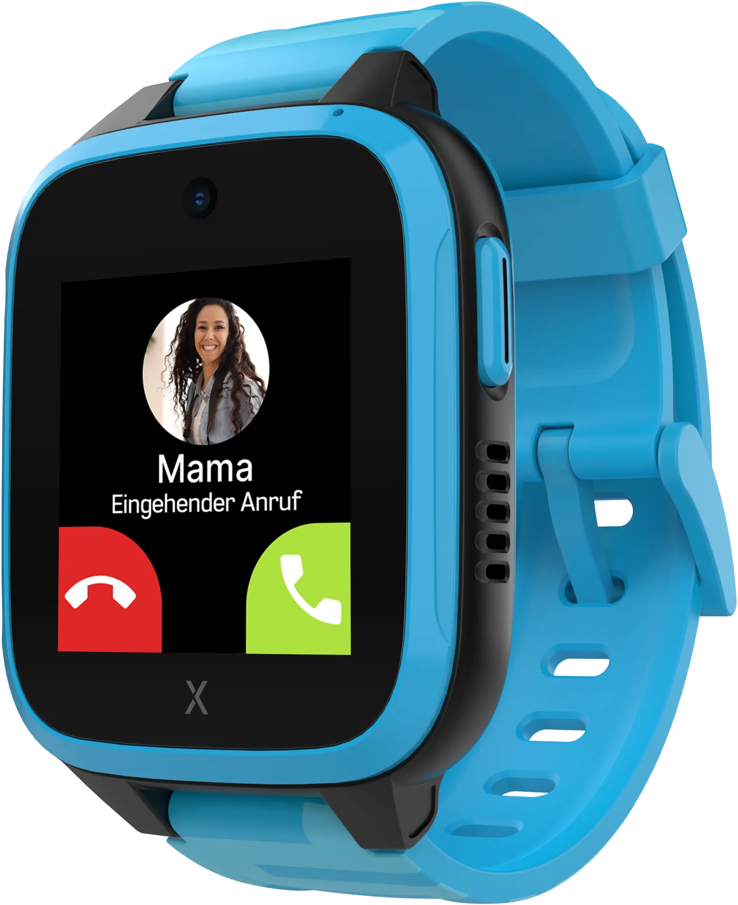 Smartwatch bleue montrant un appel entrant de 'Maman'.
