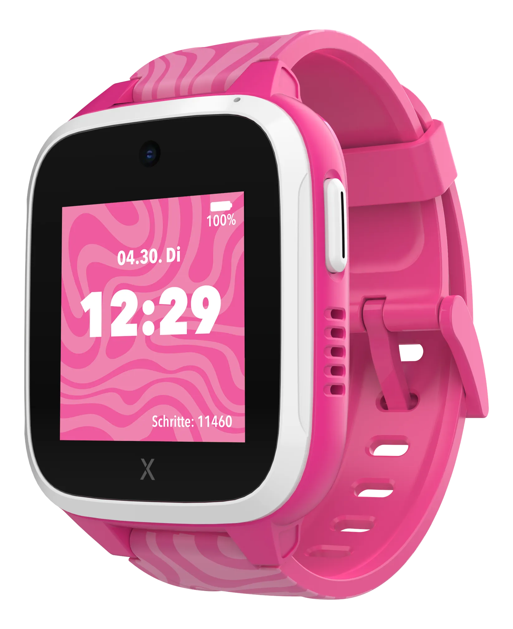 Rosa Smartwatch, die Zeit und ein Wellenmuster anzeigt.