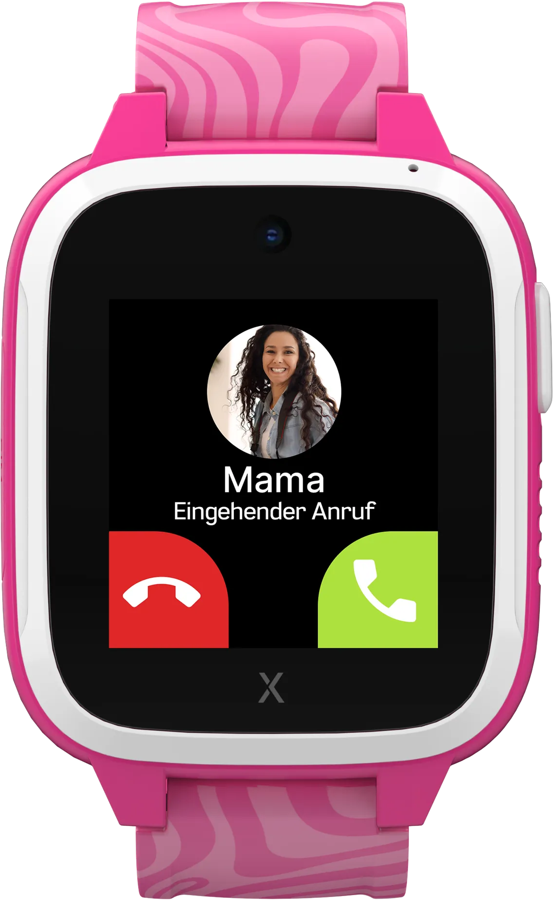 Rosa Smartwatch, die einen eingehenden Anruf von 'Mama' zeigt.