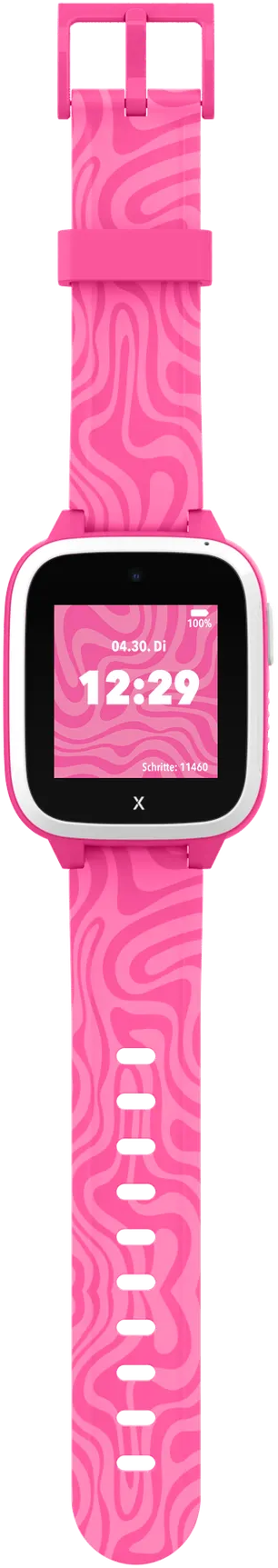 Rosa Smartwatch mit gewelltem Musterband, zeigt die Zeit.