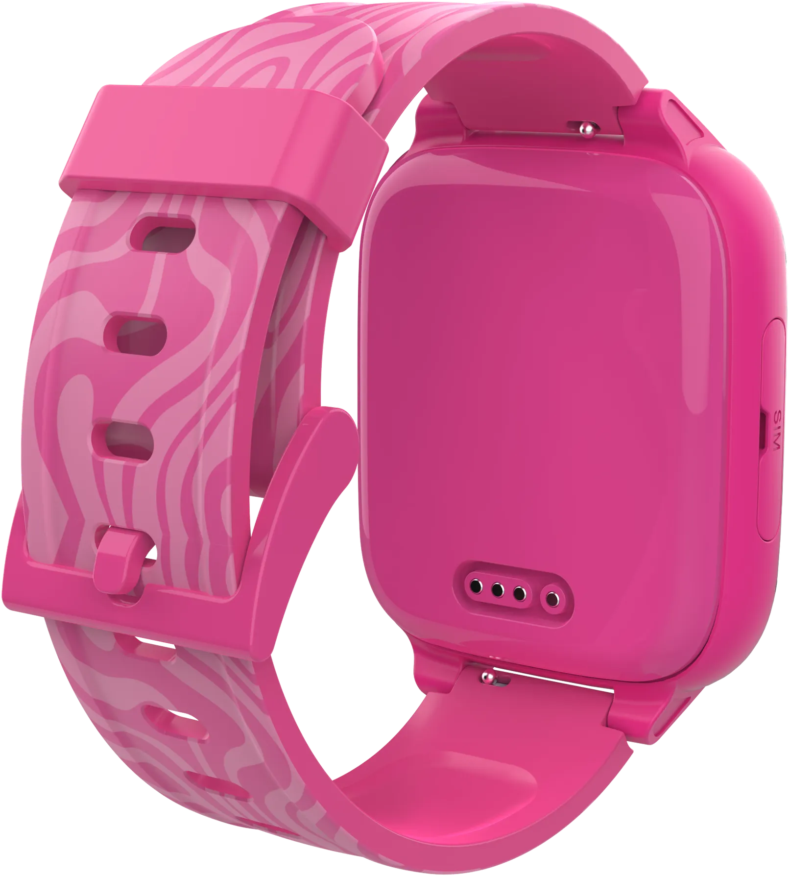 Rückseite der rosa Smartwatch mit rosa gewelltem Armband.