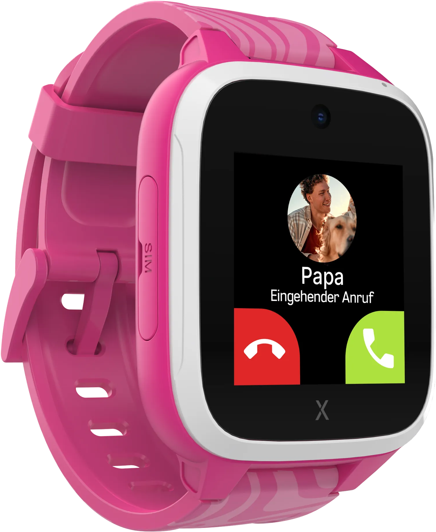 Rosa Smartwatch, die einen eingehenden Anruf von 'Papa' zeigt.
