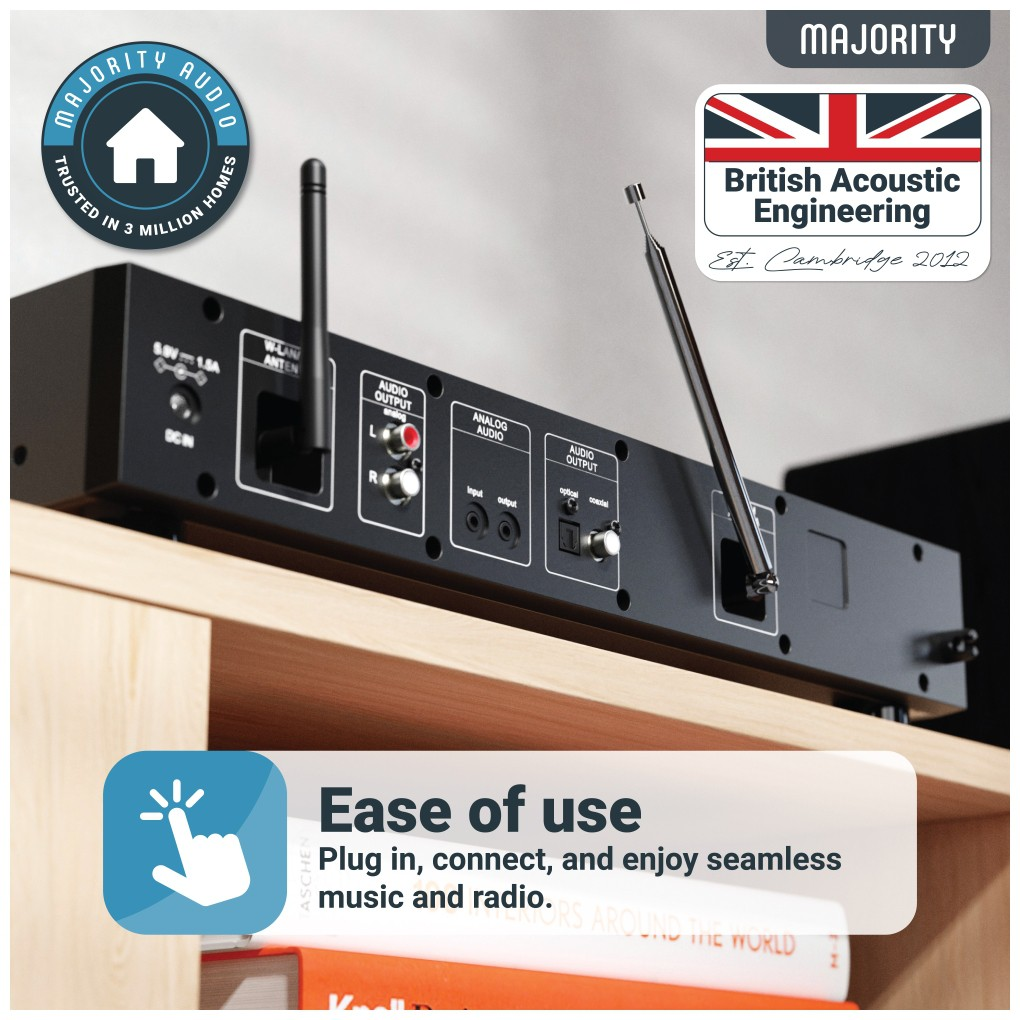 Arrière d'une radio noire avec le logo et le texte de British Acoustic Engineering.