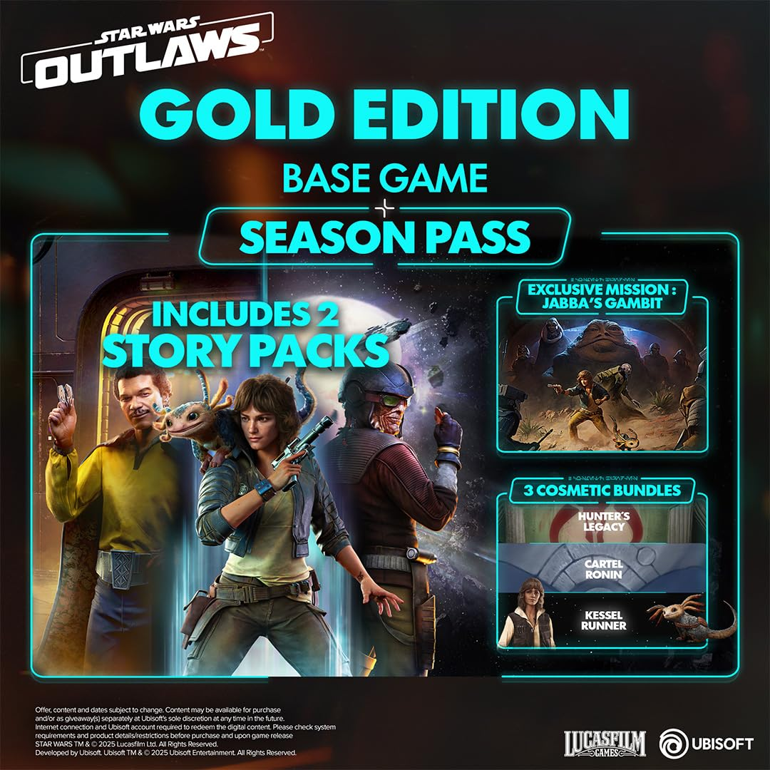 Dettagli del gioco Star Wars Outlaws Gold Edition con personaggi e dettagli della missione.