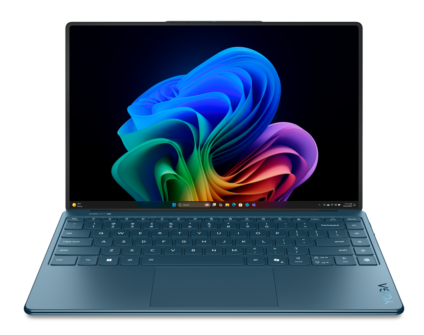 Turkusowy laptop Lenovo Yoga z kolorowym abstrakcyjnym obrazem na ekranie.