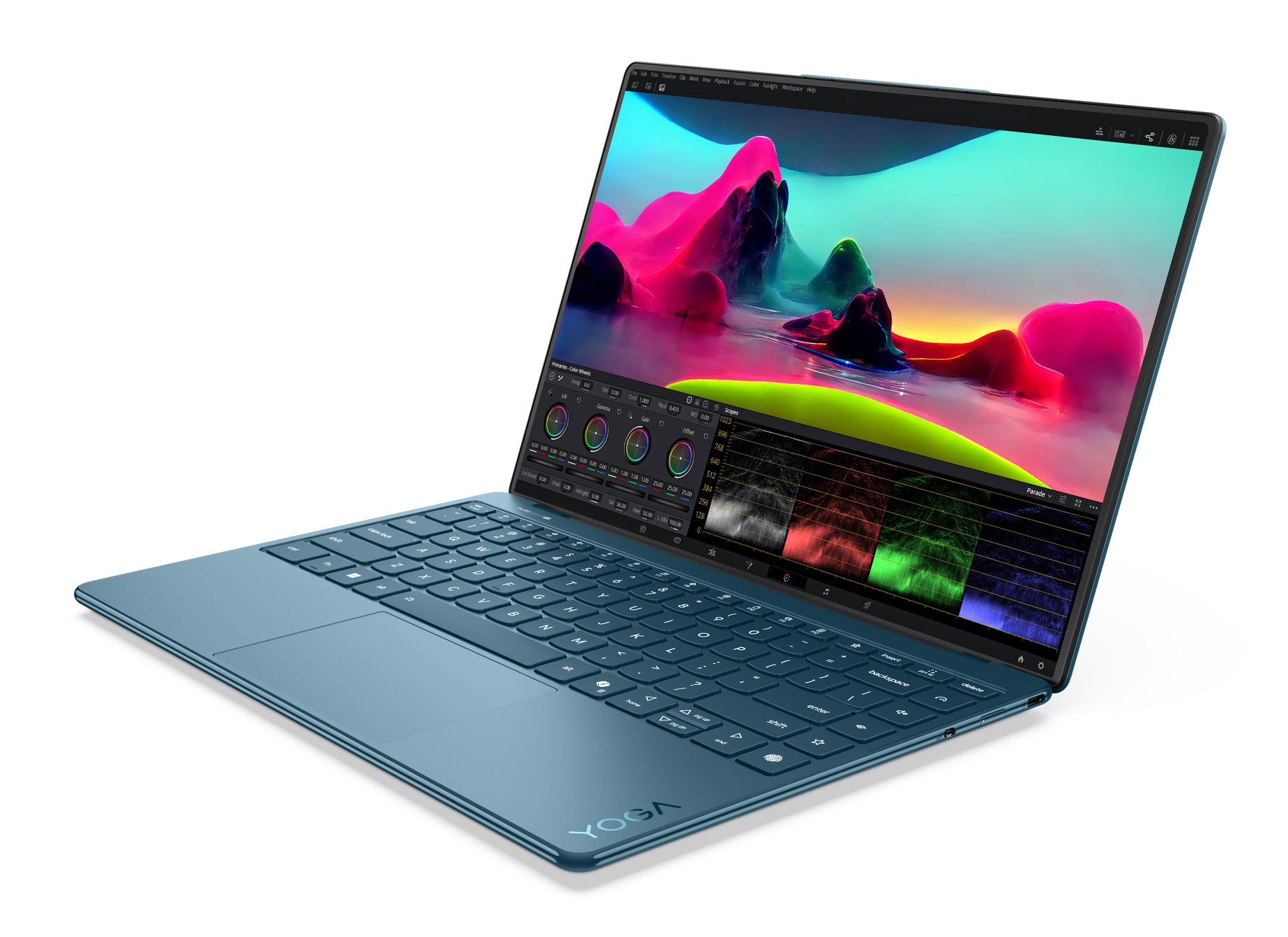 Turkusowy laptop Lenovo Yoga pokazujący interfejs korekcji barwnej na ekranie.