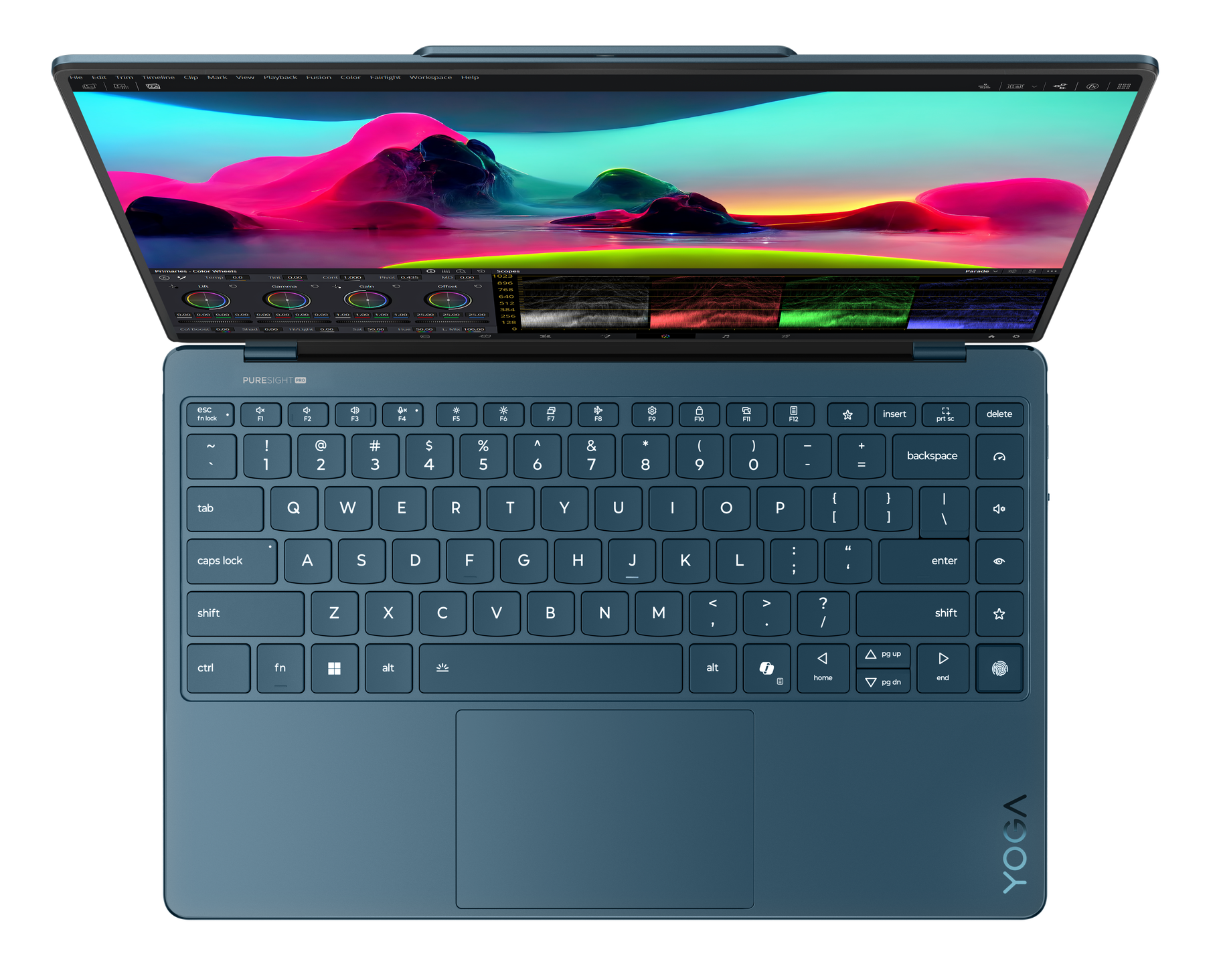 Laptop z otwartym ekranem i klawiaturą. Ekran wyświetla kolorową grafikę.