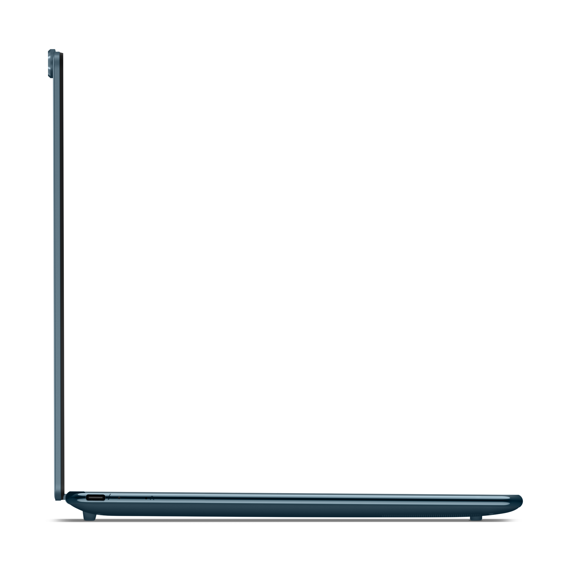 Widok z boku turkusowego laptopa Lenovo Yoga, pokazujący profil boczny.