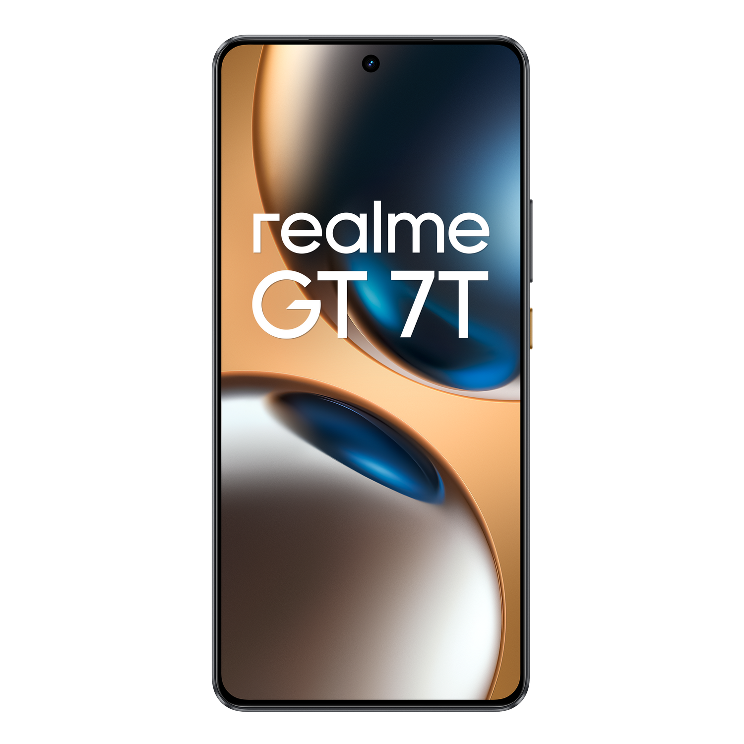 Teléfono Realme GT 7T en negro. La parte frontal tiene una pantalla con el texto 'realme GT 7T'.