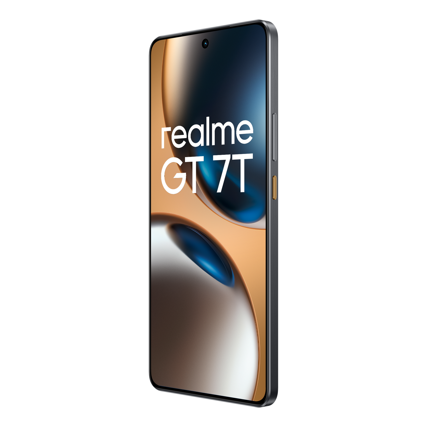 Teléfono Realme GT 7T en negro. La parte frontal tiene una pantalla con el texto 'realme GT 7T'.