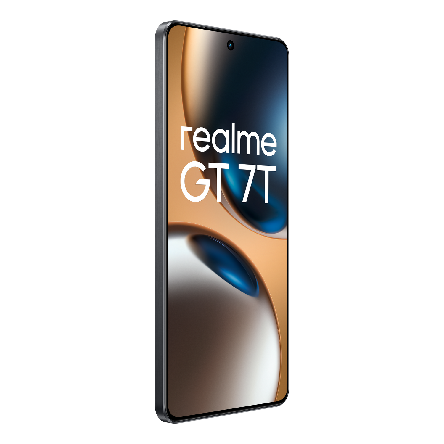 Teléfono Realme GT 7T en negro. La parte frontal tiene una pantalla con el texto 'realme GT 7T'.