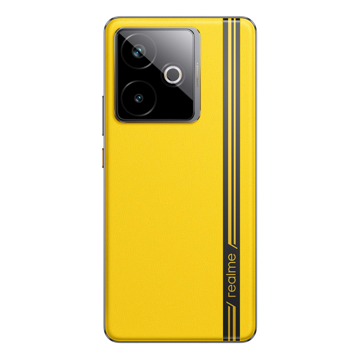Parte trasera amarilla del teléfono Realme GT 7T. Tiene lentes de cámara y rayas negras en el lateral.