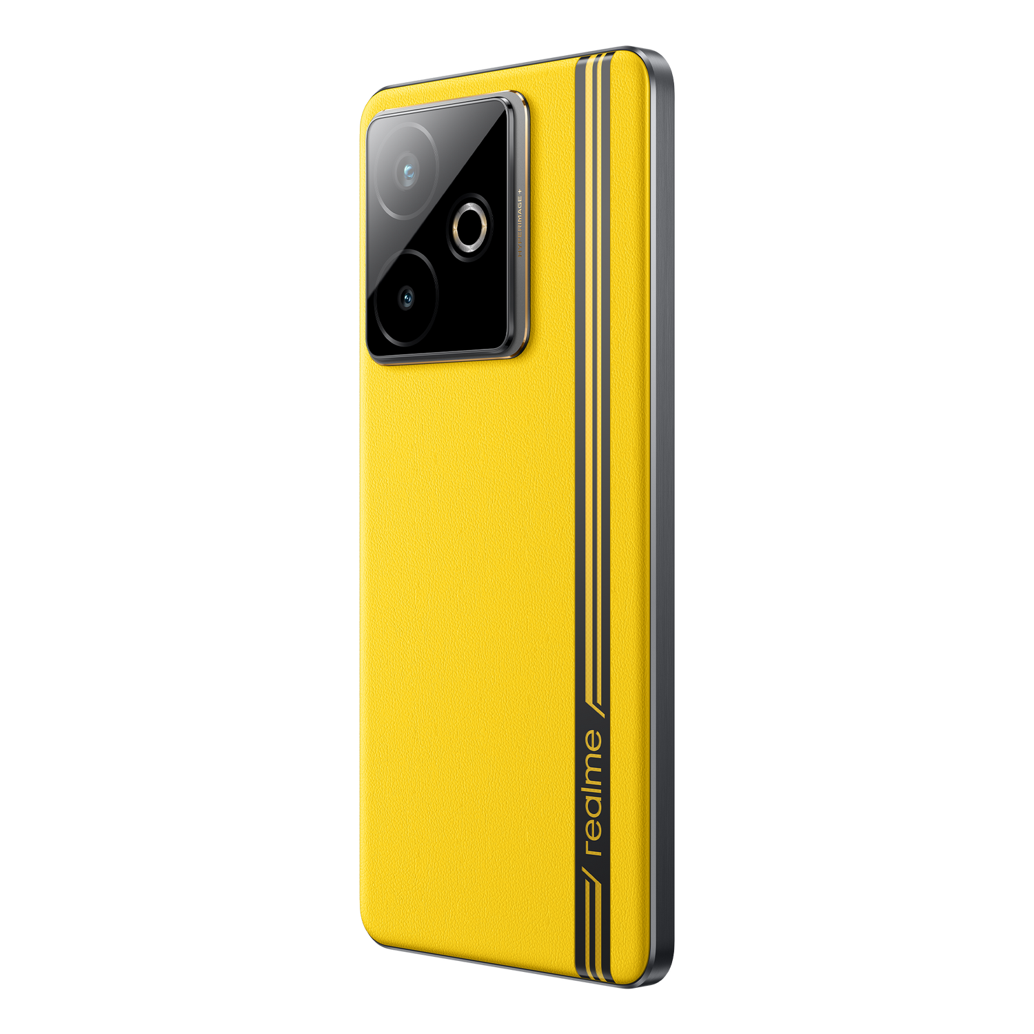 Parte trasera y lateral del teléfono Realme GT 7T amarillo. Tiene lentes de cámara y rayas negras. El lateral tiene botones.