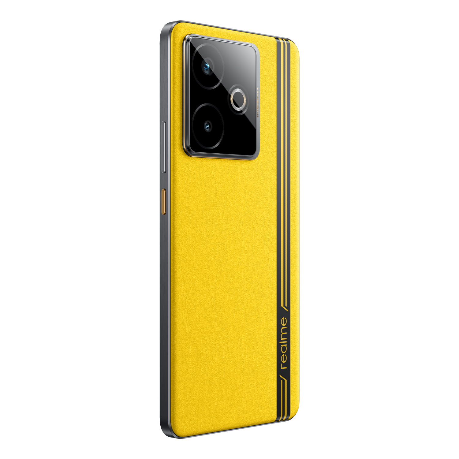 Parte trasera y lateral del teléfono Realme GT 7T amarillo. Tiene lentes de cámara, rayas negras y botones laterales.