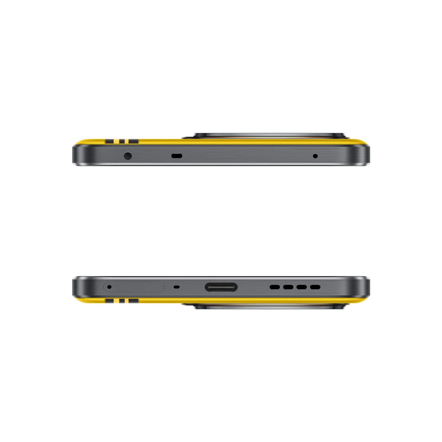 Parte superior e inferior del teléfono Realme GT 7T. Son amarillos con un marco negro.