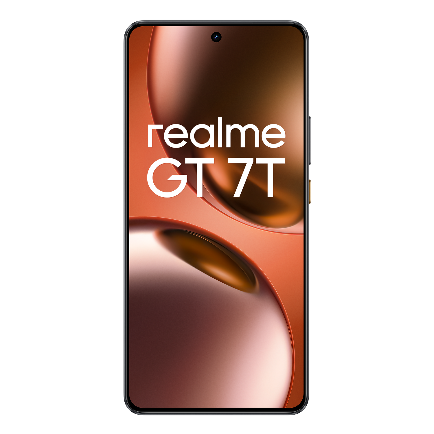 Teléfono Realme GT 7T en negro. La parte frontal tiene una pantalla con el texto 'realme GT 7T'.