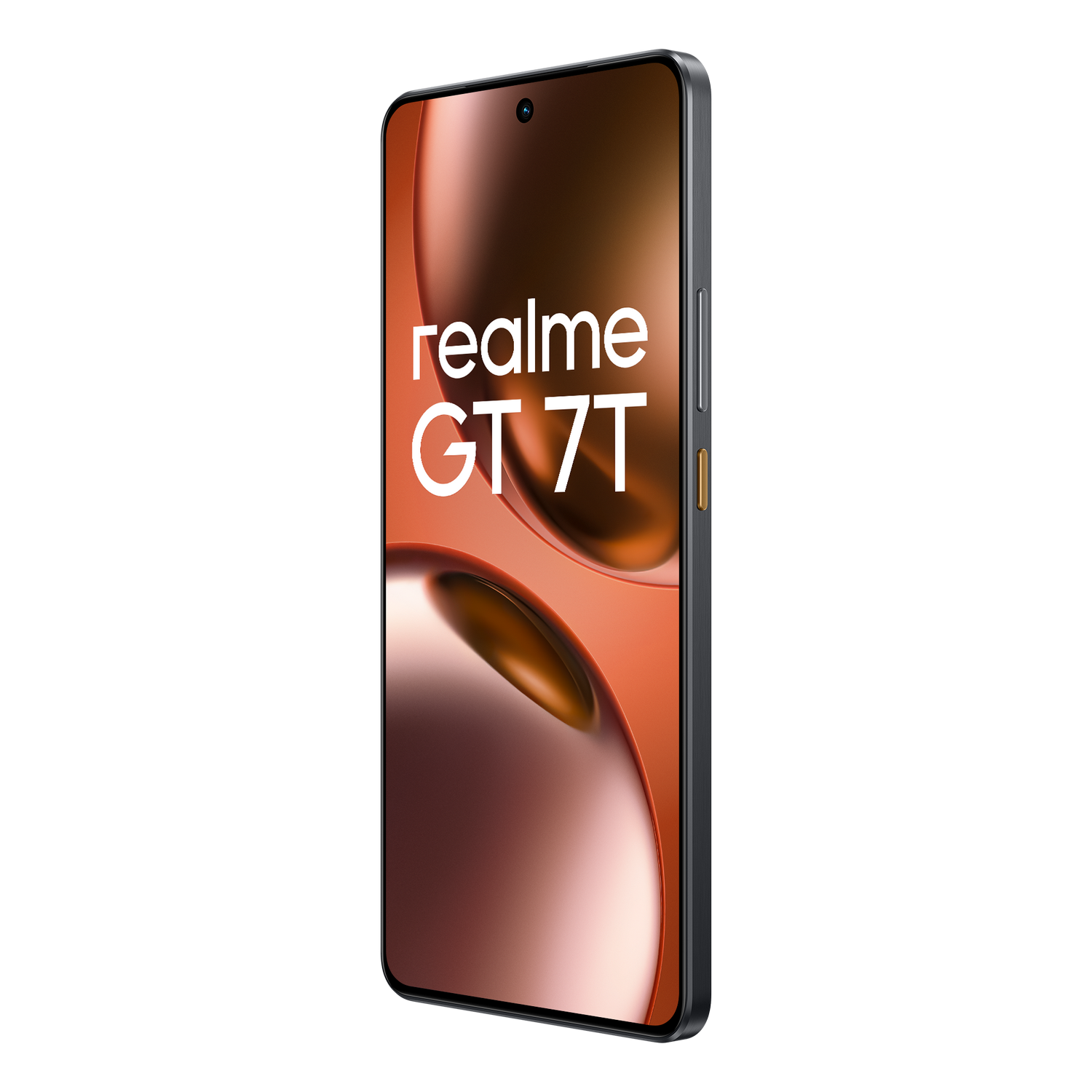 Teléfono Realme GT 7T en negro. La parte frontal tiene una pantalla con el texto 'realme GT 7T'.