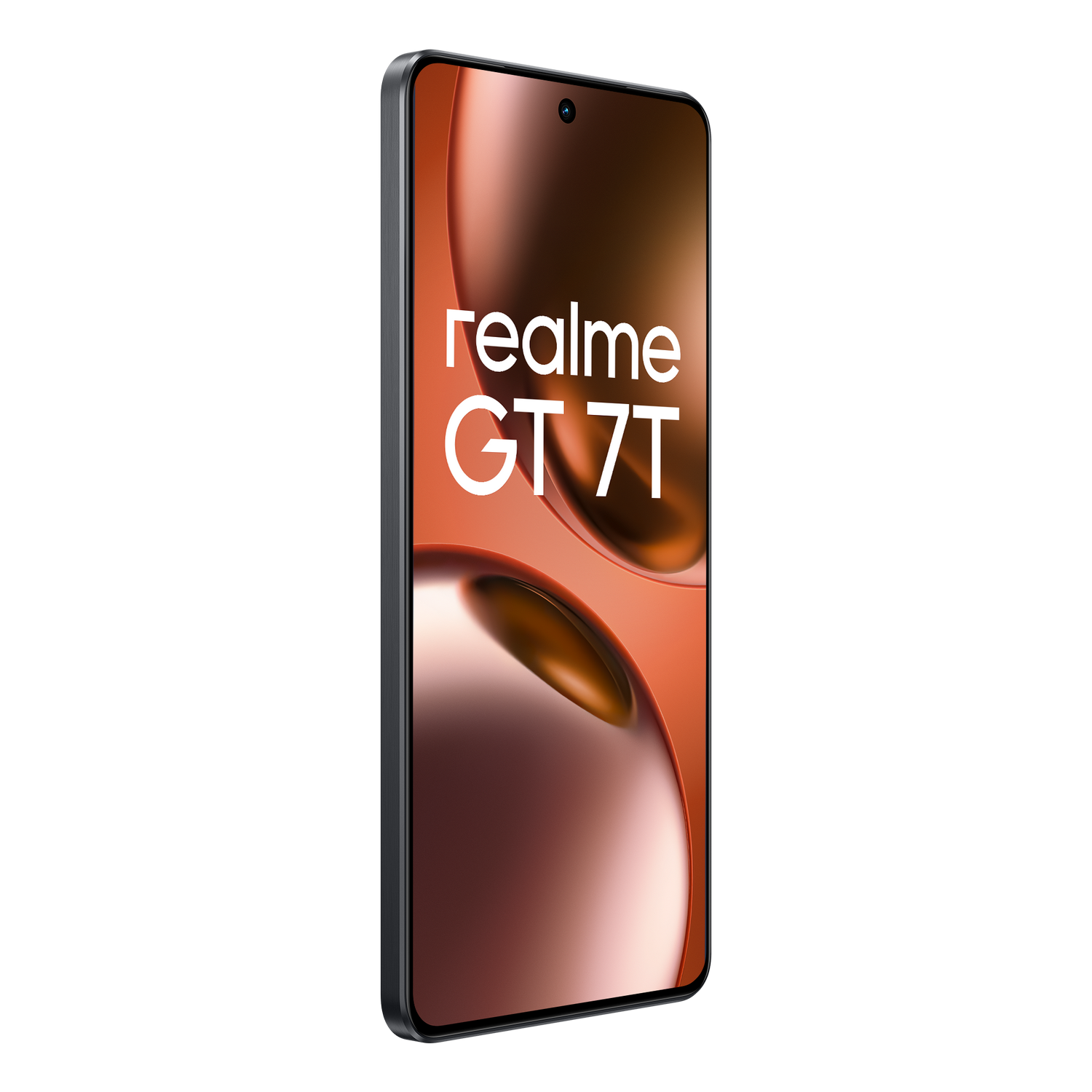 Teléfono Realme GT 7T. La pantalla muestra un degradado naranja y marrón con el nombre del teléfono.