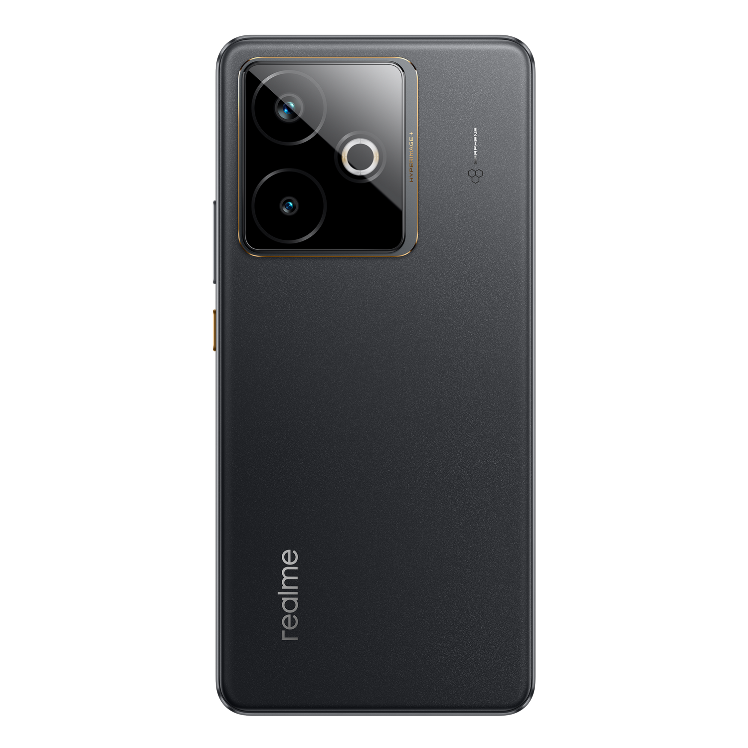 Parte trasera del teléfono Realme negro. Dos cámaras, un flash y el logotipo de Realme son visibles.