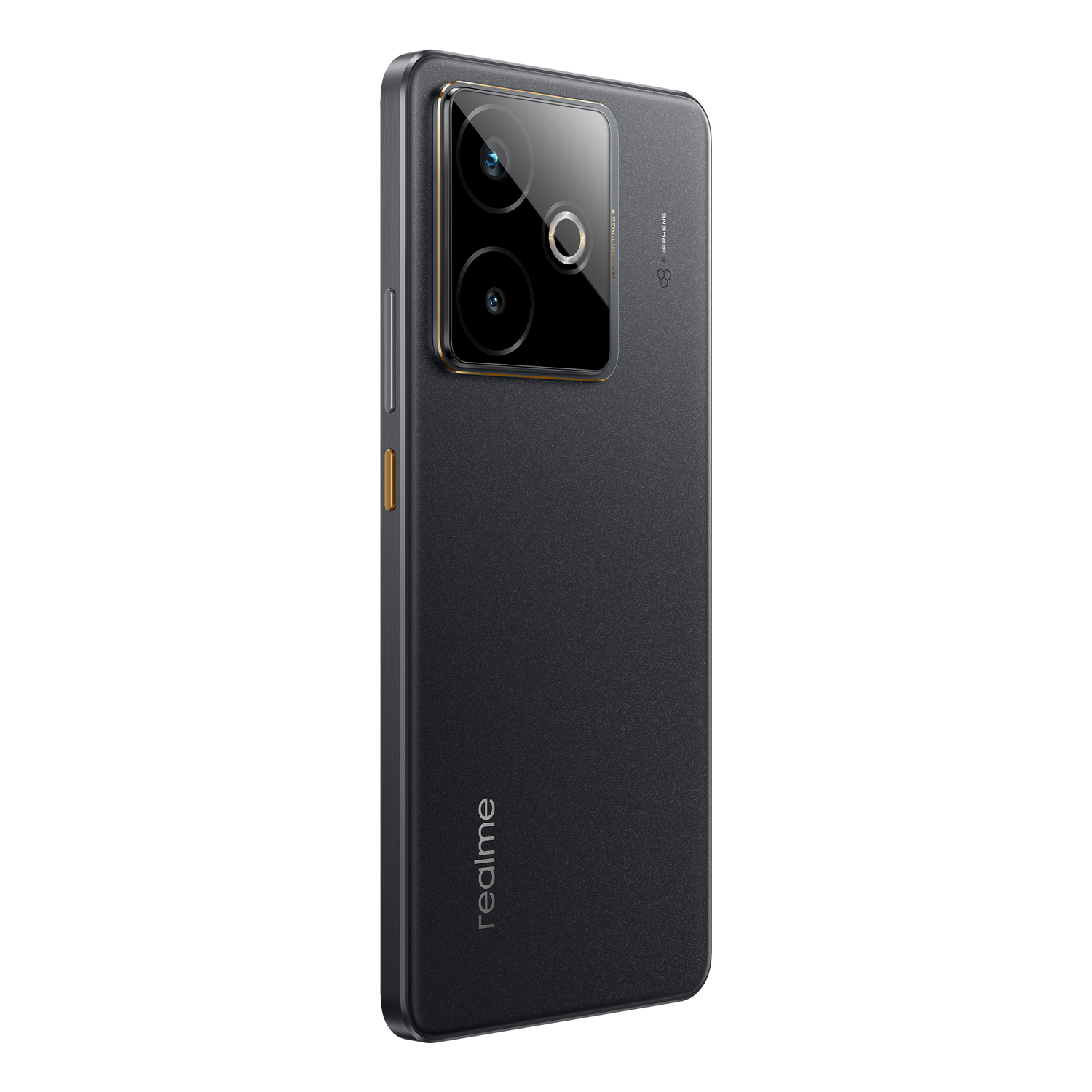 Parte trasera del teléfono Realme negro, vista en ángulo. Cámaras y flash visibles, con el logo de Realme.