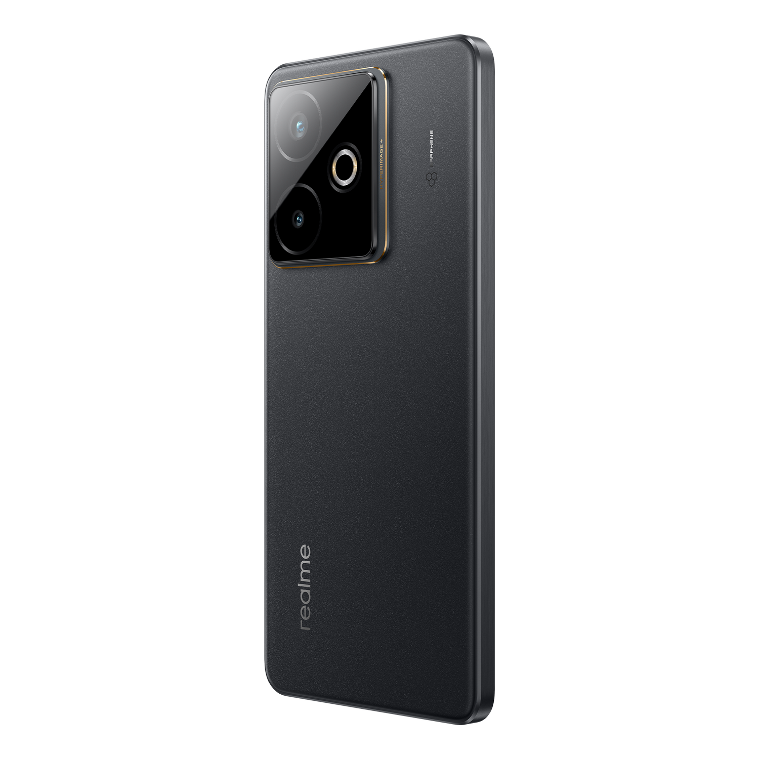 Parte trasera del teléfono Realme negro, vista en ángulo. Cámaras, flash y logo de Realme son visibles.