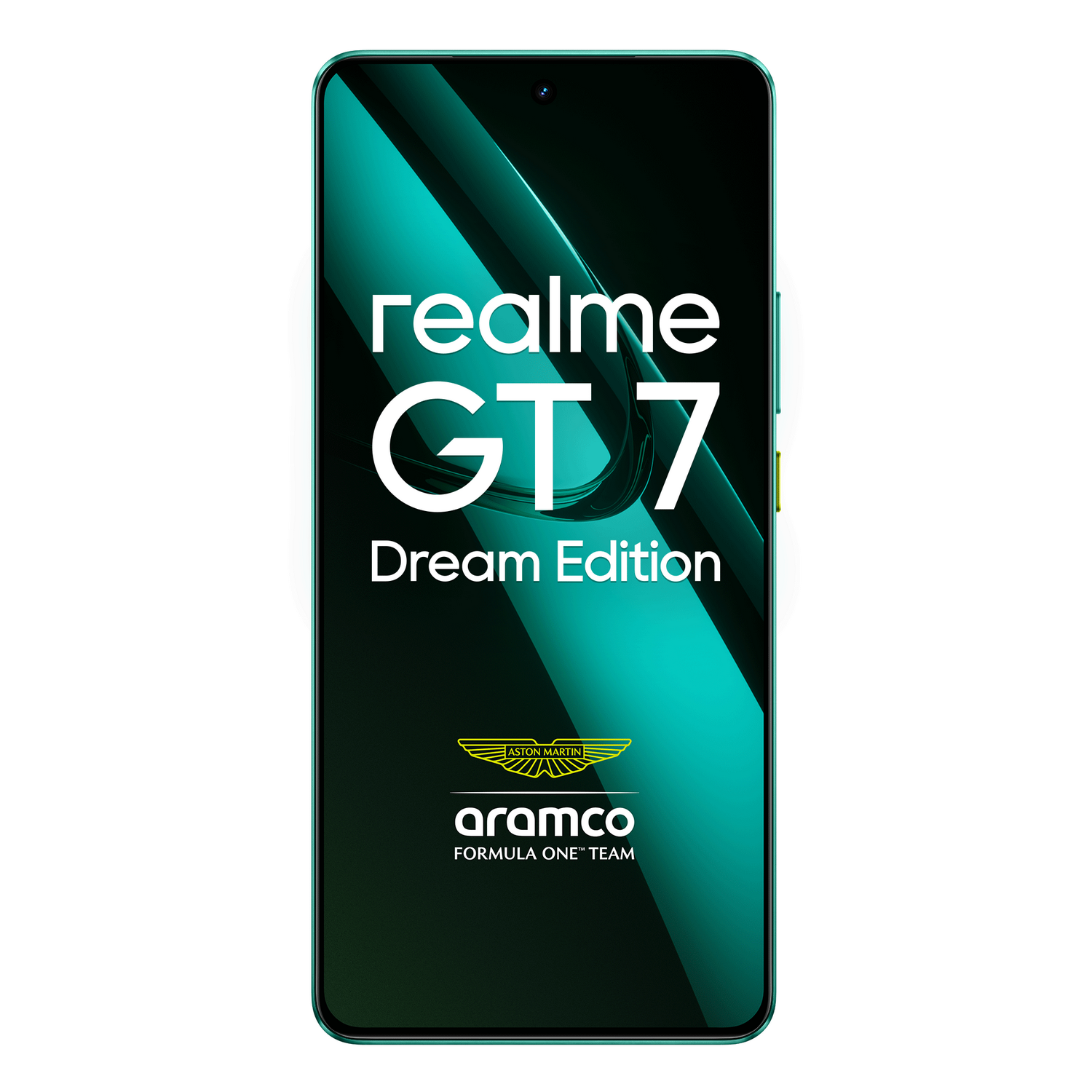 Smartphone verde con texto 'realme GT7 Dream Edition'. La pantalla está encendida, mostrando un gráfico.
