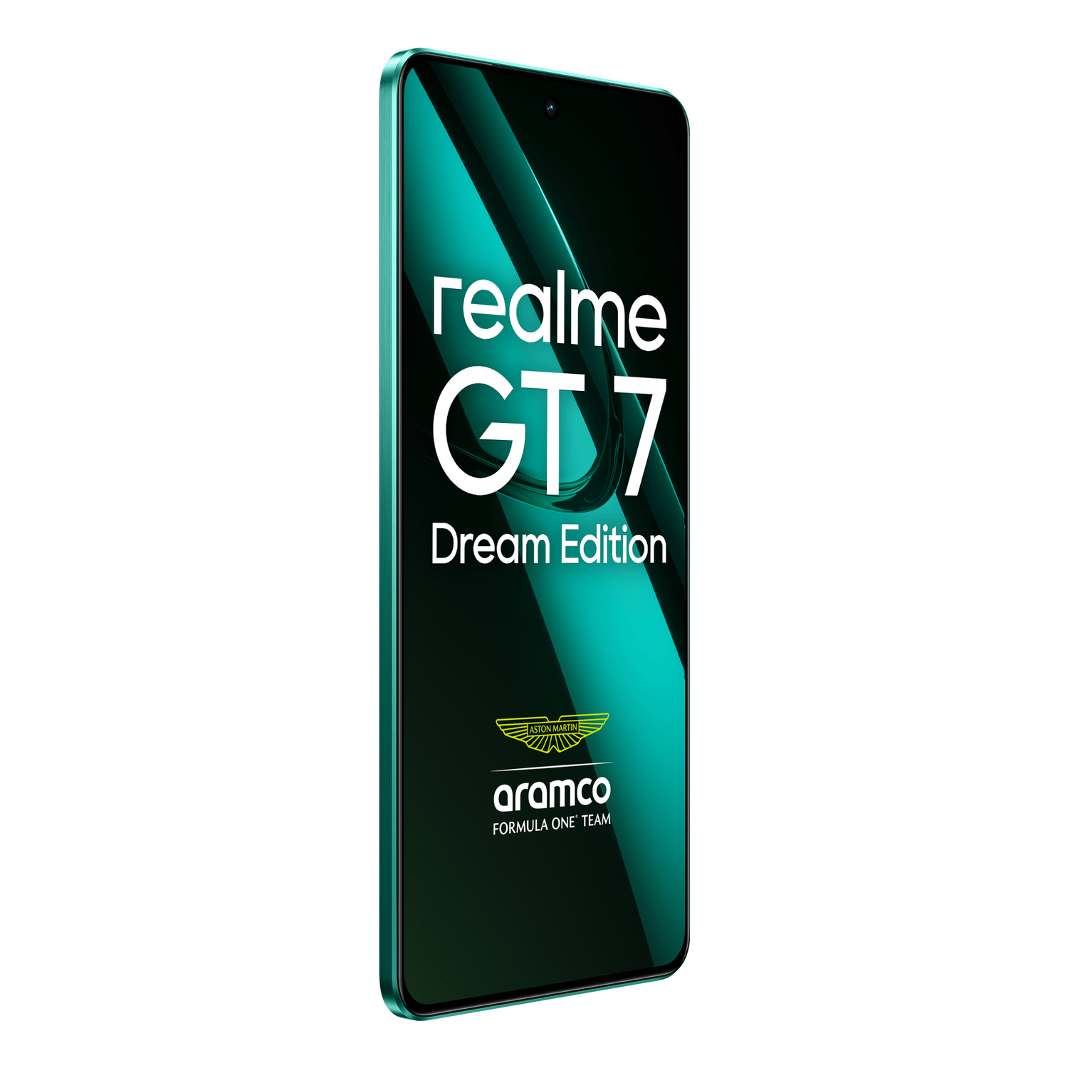 Un teléfono Realme GT 7 Dream Edition turquesa muestra texto y logotipos sobre un fondo turquesa y negro.