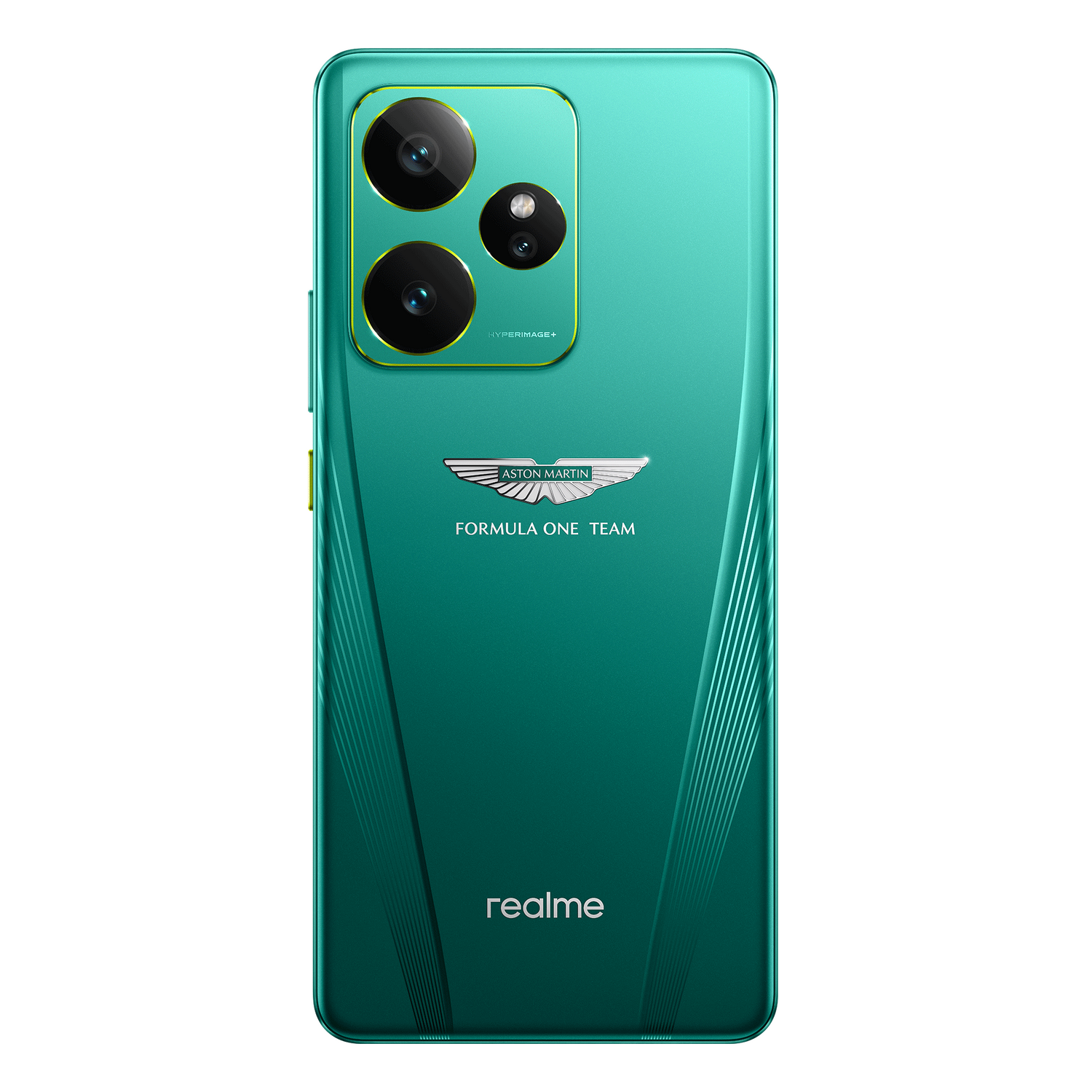 Parte trasera de teléfono verde azulado con tres cámaras, logotipo de Aston Martin y marca realme.