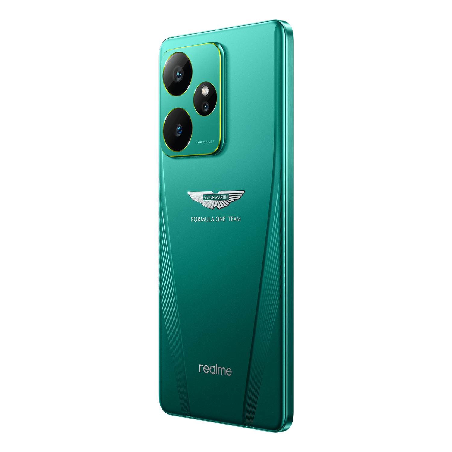Smartphone color turquesa con el logo del Aston Martin Formula One Team.